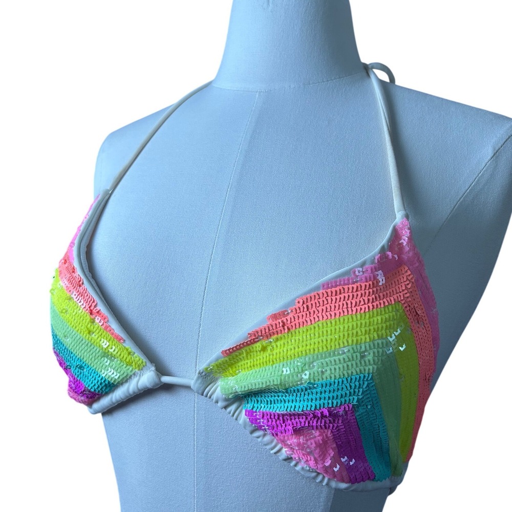 Victorias Secret Rainbow Sequin Triangle Bikini Top Neon Halter M Y2K VTG 2013